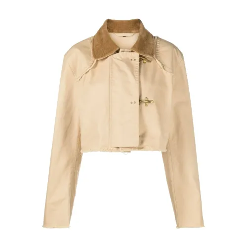 Fay , Beige Canvas Light Jacket with Frayed Trim and Corduroy Collar ,Beige female, Sizes: