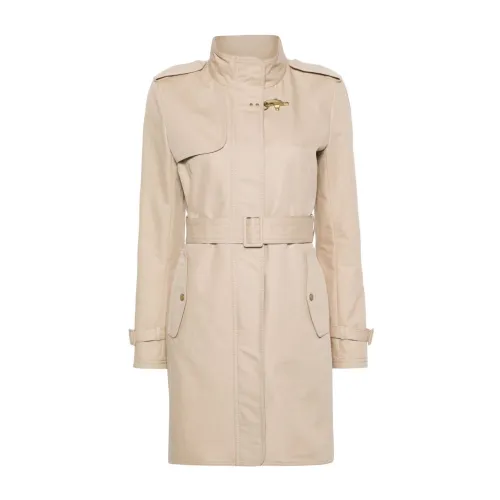 Fay , Beige Cotton Coat with Stand-up Collar and Epaulettes ,Beige female, Sizes: