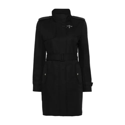 Fay , Black Cotton Coat with Stand-up Collar and Epaulettes ,Black female, Sizes: