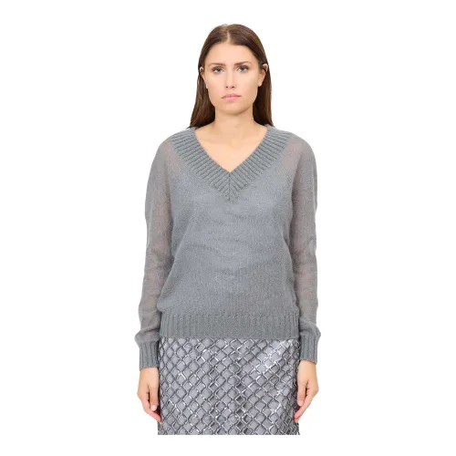 Federica Tosi , Soft and Warm V-Neck Wool and Mohair Sweater ,Gray female, Sizes: