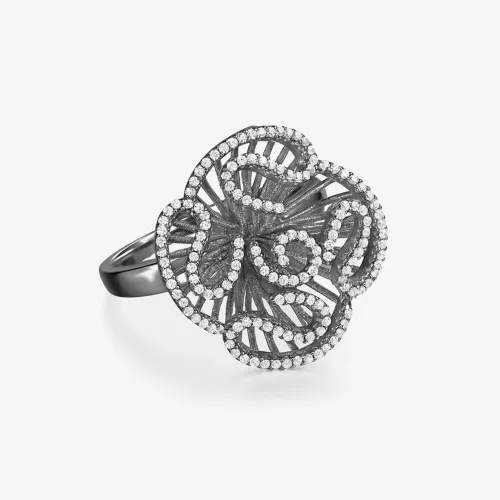 Fei Liu Cascade Sterling Silver Cubic Zirconia Black Flower Ring (M) CAS-925B-003-CZ00
