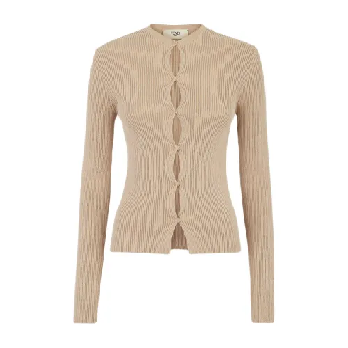 Fendi , Beige Cardigan with Cut-Out Motif and FF Detail ,Beige female, Sizes: