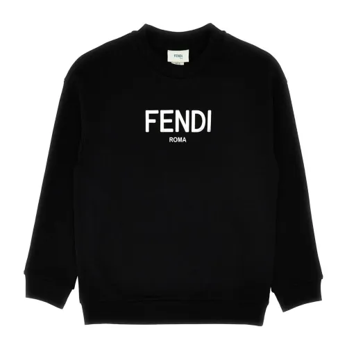 Fendi , Black Cotton Sweater with Logo Print ,Black female, Sizes: