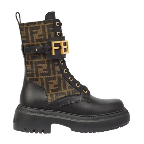 Fendi , Black Leather Boots with FF Fabric ,Black female, Sizes:
