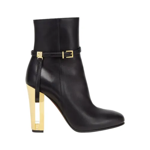 Fendi , Black Leather Delfina Ankle Boots with Gold Stiletto Heel ,Black female, Sizes:
