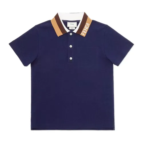 Fendi , Blue Junior Polo with Fendi Logo Details ,Blue male, Sizes: