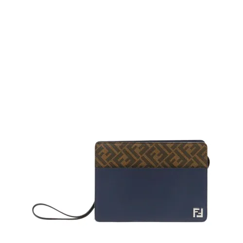 Fendi , Blue Leather Clutch with FF Canvas ,Blue male, Sizes: ONE SIZE