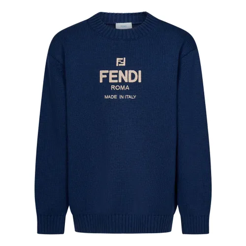 Fendi , Blue Ribbed Sweater with Logo ,Blue male, Sizes: