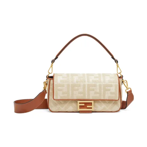 Fendi , Brown Leather Baguette with FF Embroidery ,Beige female, Sizes: ONE SIZE