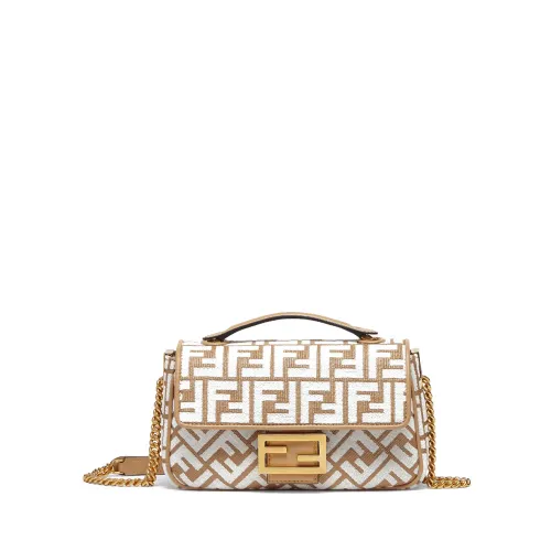 Fendi , Embroidered FF Baguette Chain Bag ,Beige female, Sizes: ONE SIZE