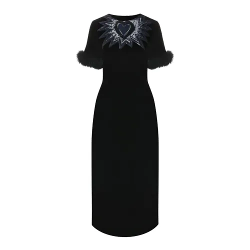 Fendi , Fur Trim Velvet Midi Dress ,Black female, Sizes: