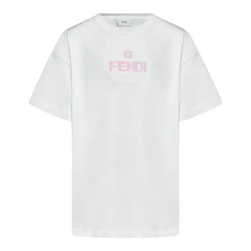 Fendi , Girls` Ribbed Crewneck T-Shirt with Pink Sequins ,White female, Sizes:
