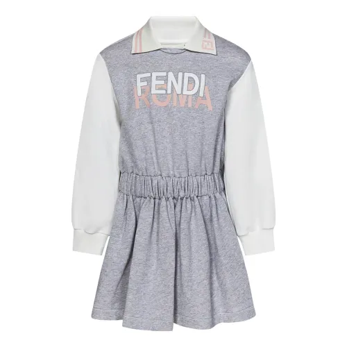 Fendi , Grey Striped Collar Dress with Logo Patch ,Gray female, Sizes: