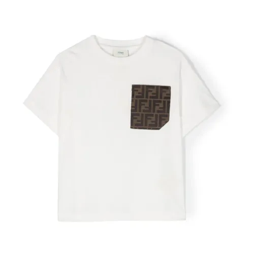 Fendi , Kids White Cotton T-shirt with FF Pocket ,White male, Sizes: