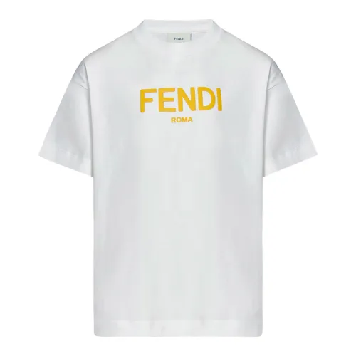 Fendi , Kids White T-shirts and Polos with Yellow Logo Print ,White male, Sizes: