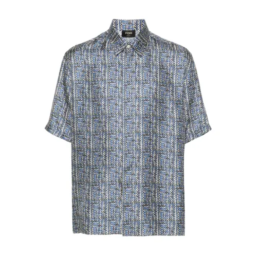 Fendi , Satin Print Classic Short Sleeve Shirt ,Blue male, Sizes: