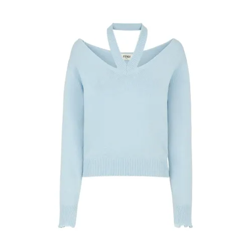 Fendi , V-Neck Sweater ,Blue female, Sizes: