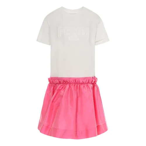 Fendi , White Jersey and Bubblegum Pink Taffeta Dress for Girls ,White female, Sizes: