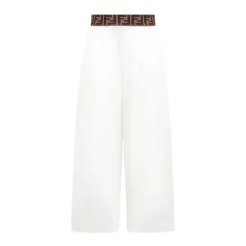 Fendi , White Wide Leg Trousers with Brown Logo Waistband ,White female, Sizes:
