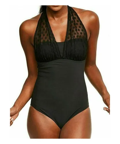 Figleaves Womens Icon Spot Mesh Halter Neck Shaping Swimsuit - Black