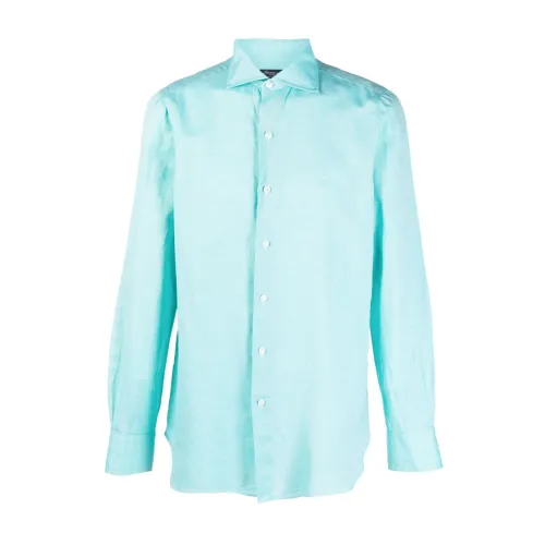 Finamore , Green Linen Blend Long-Sleeve Shirt ,Green male, Sizes: