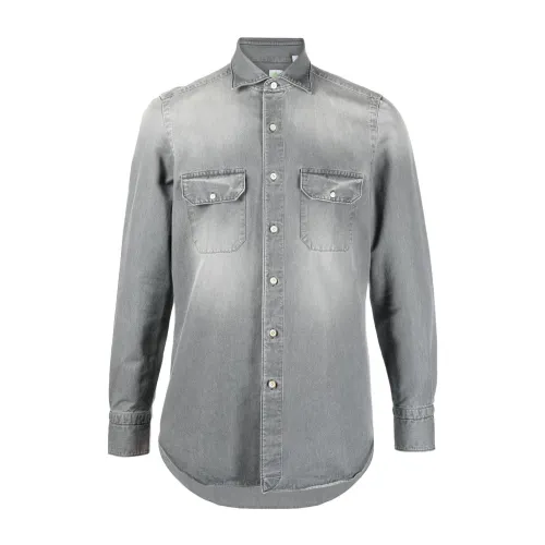 Finamore , Grey Denim Spread-Collar Shirt ,Gray male, Sizes: