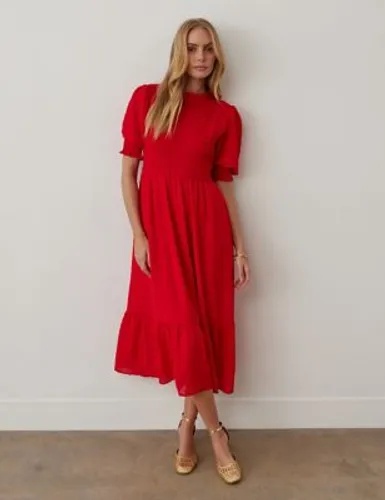 Finery London Womens Dobby Crew Neck Shirred Tiered Midaxi Dress - 10, Red