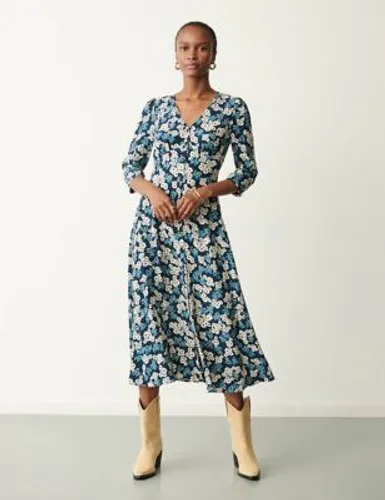 Finery London Womens Floral V-Neck Button Through Midi Tea Dress - 8 - Blue Mix, Blue Mix