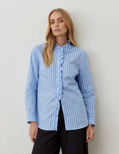 Finery London Womens Pure Cotton Striped High Neck Ruffle Shirt - 12 - Blue Mix, Blue Mix