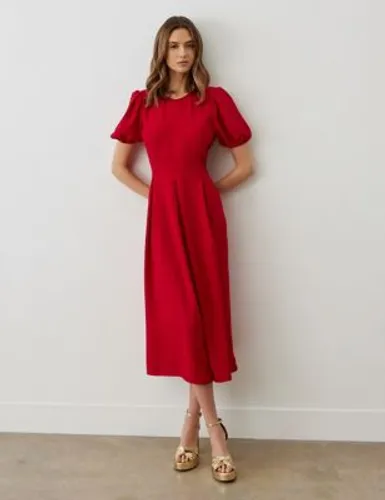 Finery London Womens Stain Crepe Puff Sleeve Midi Tea Dress - 18REG - Red, Red,Green