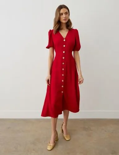 Finery London Womens V-Neck Button Through Midi Tea Dress - 14 - Red, Red,Navy