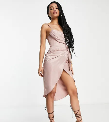 First Distraction the label Petite satin midi dress with wrap skirt in blush-Pink