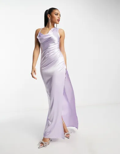 First Distraction the label statement one shoulder satin maxi dress in lilac-Purple
