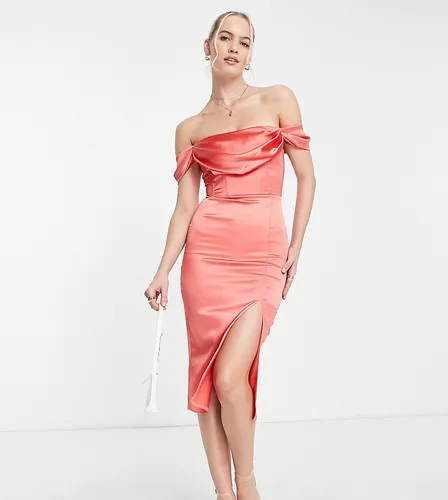 First Distraction the label Tall satin midi dress with split in coral-Pink