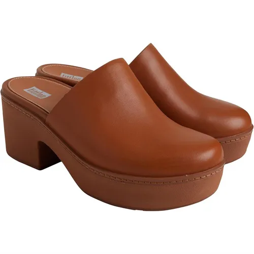FitFlop Womens Pilar Leather Mule Platform Shoes Light Tan