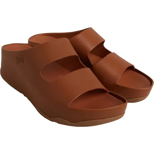 FitFlop Womens Shuv Two-Bar Leather Slides Light Tan