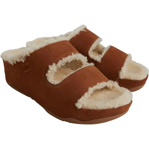 FitFlop Womens Shuv Two-Bar Shearling-Lined Suede Sliders Light Tan