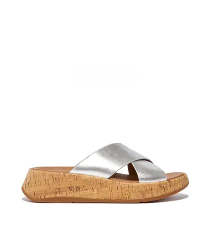 Fitflop Womenss Fit Flop F-Mode Leather Flatform Slide Sandals in Silver Leather (archived)