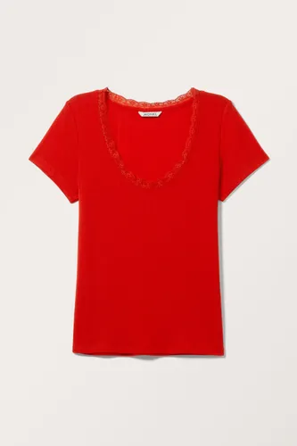Fitted Short Sleeve Pointelle Top - Red