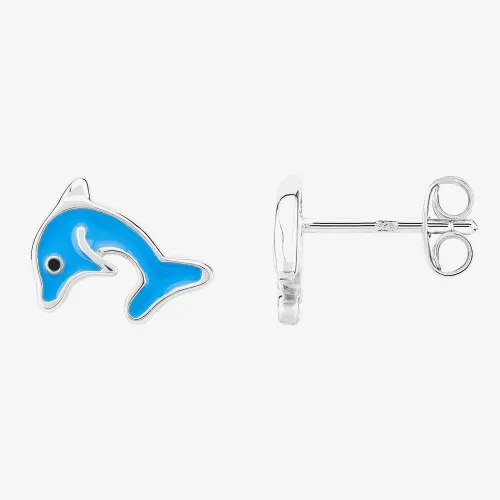 Fleur Kids Sterling Silver Blue Enamel Dolphin Stud Earrings AZE222904