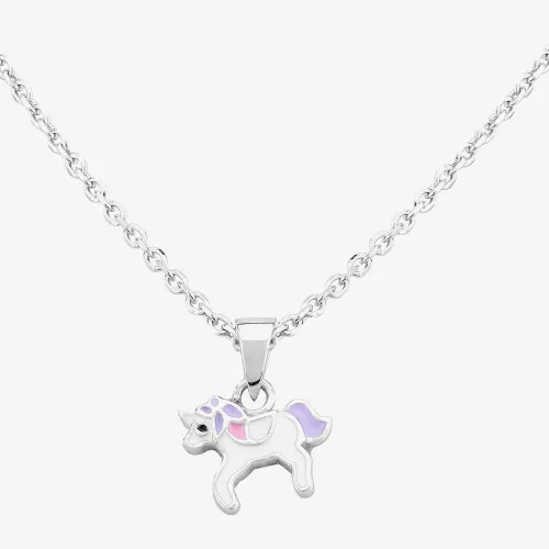 Fleur Kids Sterling Silver White And Pink Enamel Unicorn Pendant Necklace AZP234404