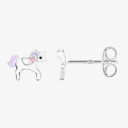 Fleur Kids Sterling Silver White And Pink Enamel Unicorn Stud Earrings AZE234404