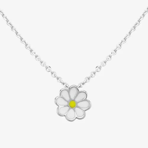 Fleur Kids Sterling Silver White And Yellow Enamel Flower Pendant Necklace AZP030104