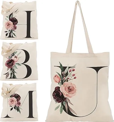 Floral Initial Canvas Bag Gifts for Women - 15"x16"