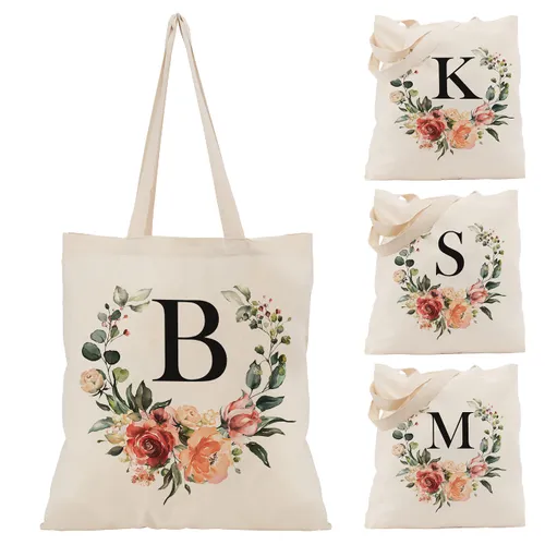 Floral Initial Tote Bag - 15'x16' Canvas Bags for Women -