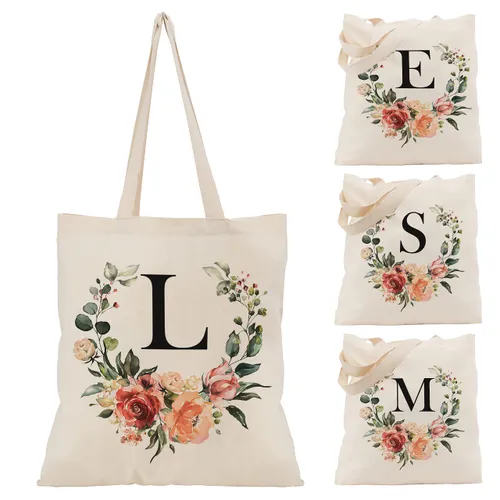 Floral Initial Tote Bag - 15'x16' Canvas Bags for Women -
