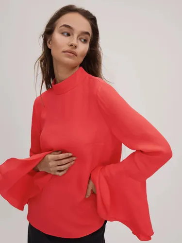 FLORERE High Neck Fluted Cuff Blouse, Deep Coral - Deep Coral - Female