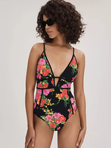 FLORERE Panelled Plunge Floral Print Swimsuit, Black/Multi - Black/Multi - Female