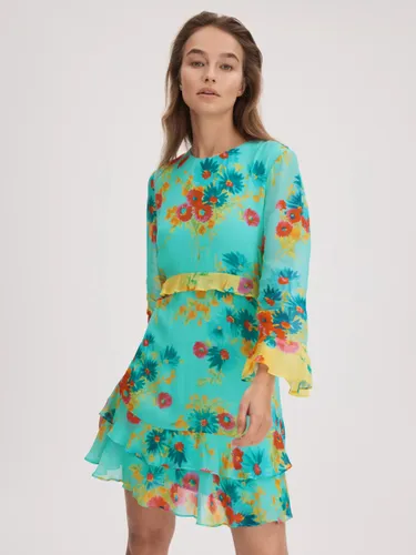FLORERE Ruffle Contrast Mini Dress, Turquoise/Multi - Turquoise/Multi - Female