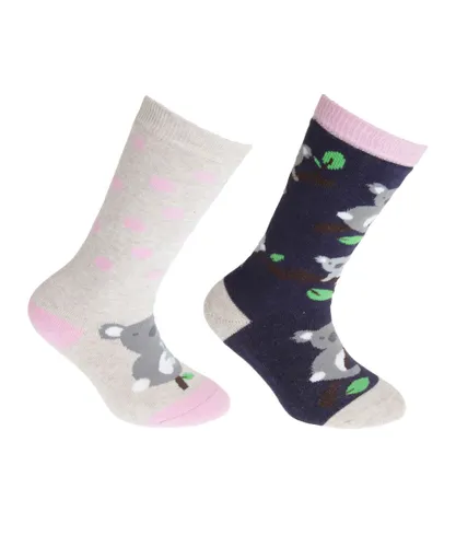 FLOSO Boys Childrens/Kids Cotton Rich Welly Socks (2 Pairs) (Navy/Beige) - Multicolour